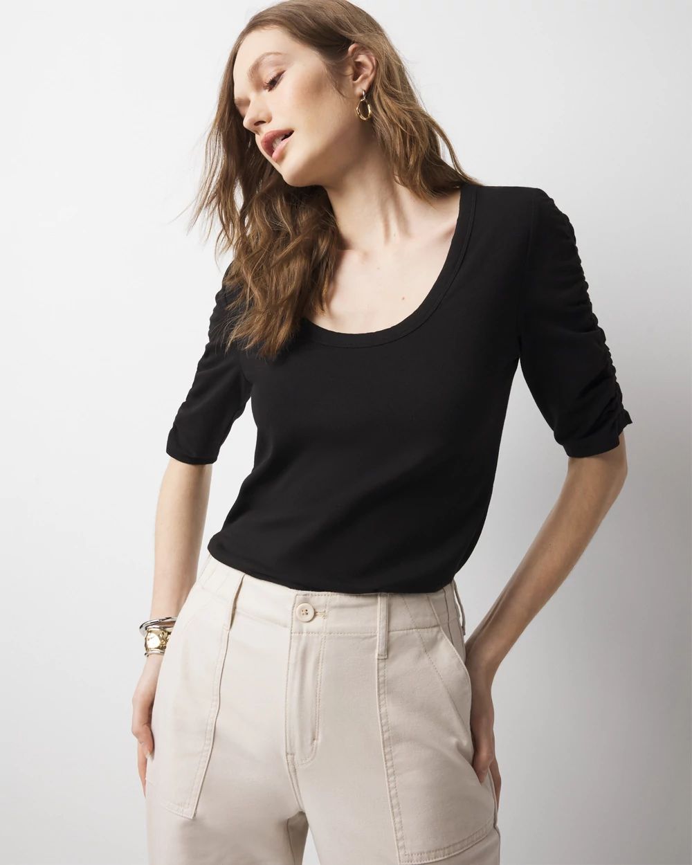 Ruched-Sleeve Scoop Neck Top