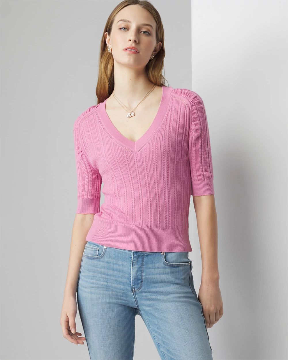Cashmere-Blend Elbow-Sleeve Shirred Sweater