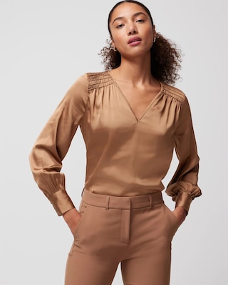 Smocked Shoulder Satin Blouse