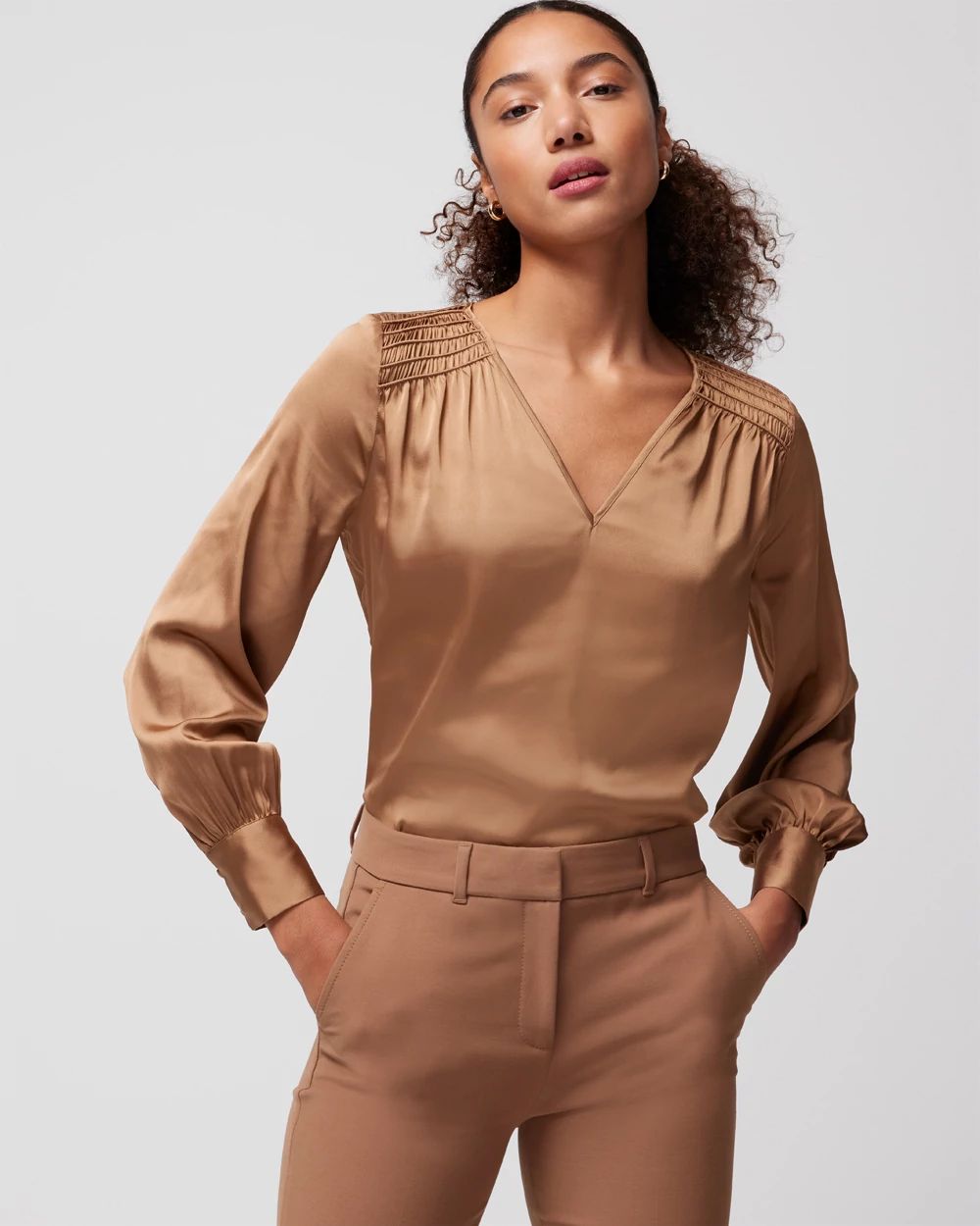 Smocked Shoulder Satin Blouse