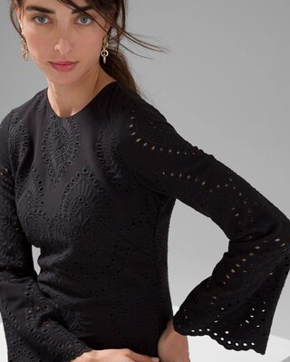 Long-Sleeve Eyelet Shift Dress