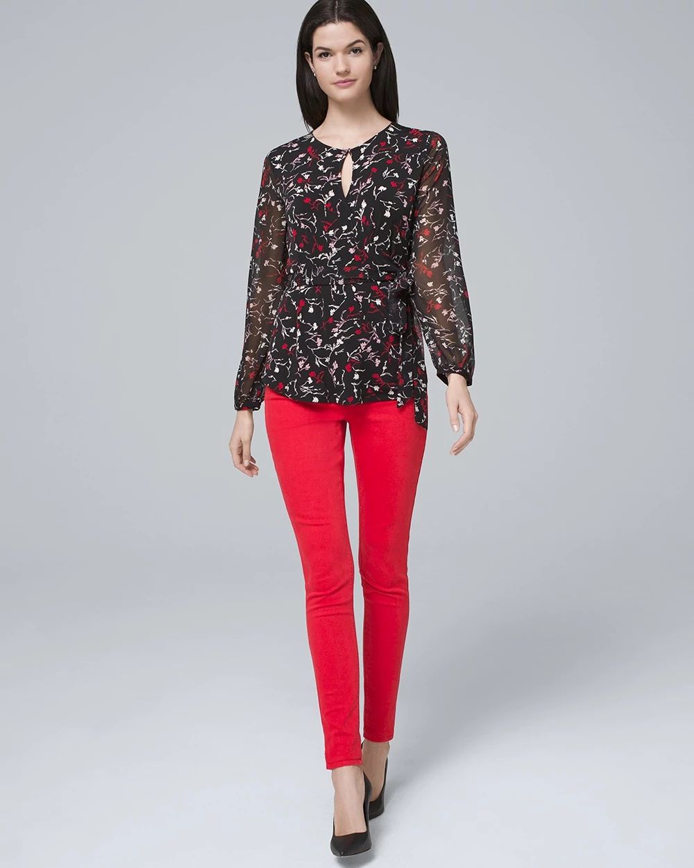Woven-Sleeve Tie-Waist Floral Top