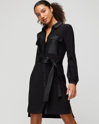 Long Sleeve Matte Jersey Shirtdress With Satin