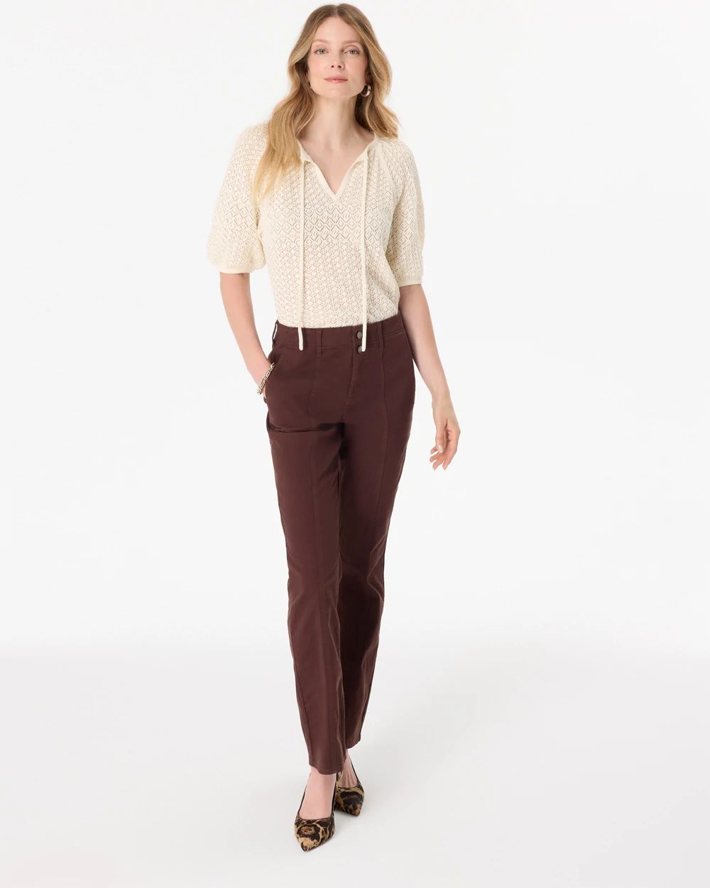 Pointelle Knit Puff Sleeve Pullover click to view larger image.