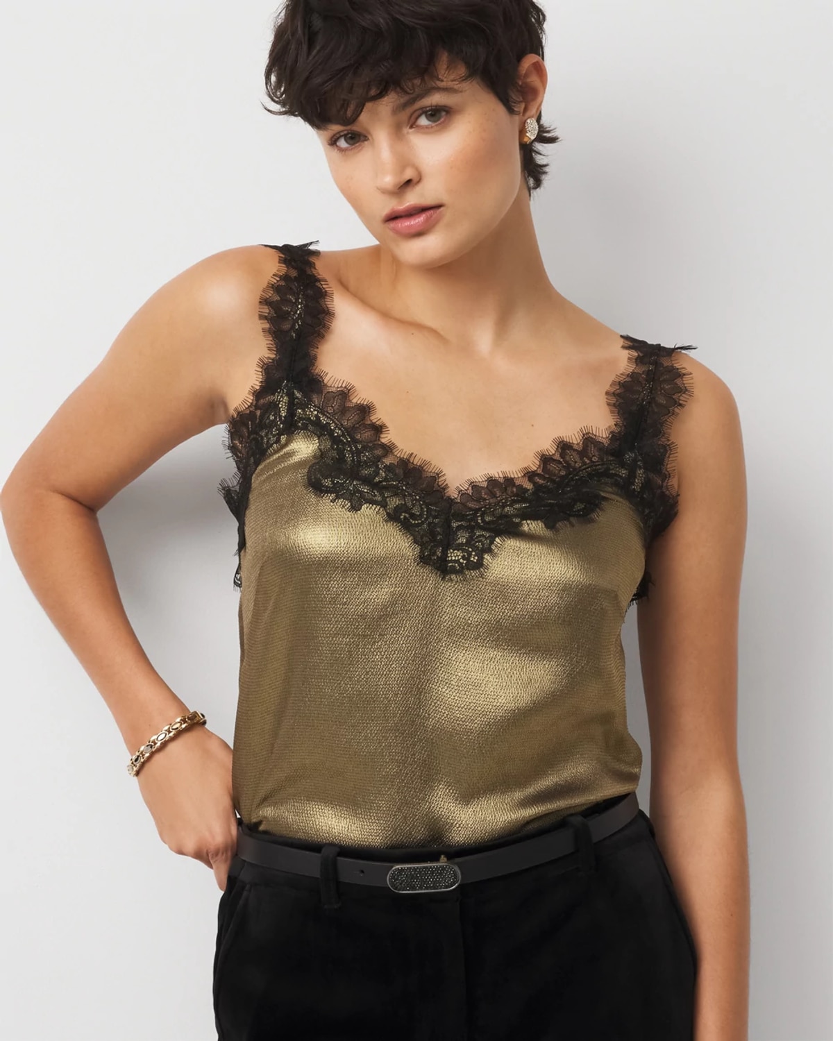 White House Black Market Petite Lace Trim Satin Camisole Top In Gold