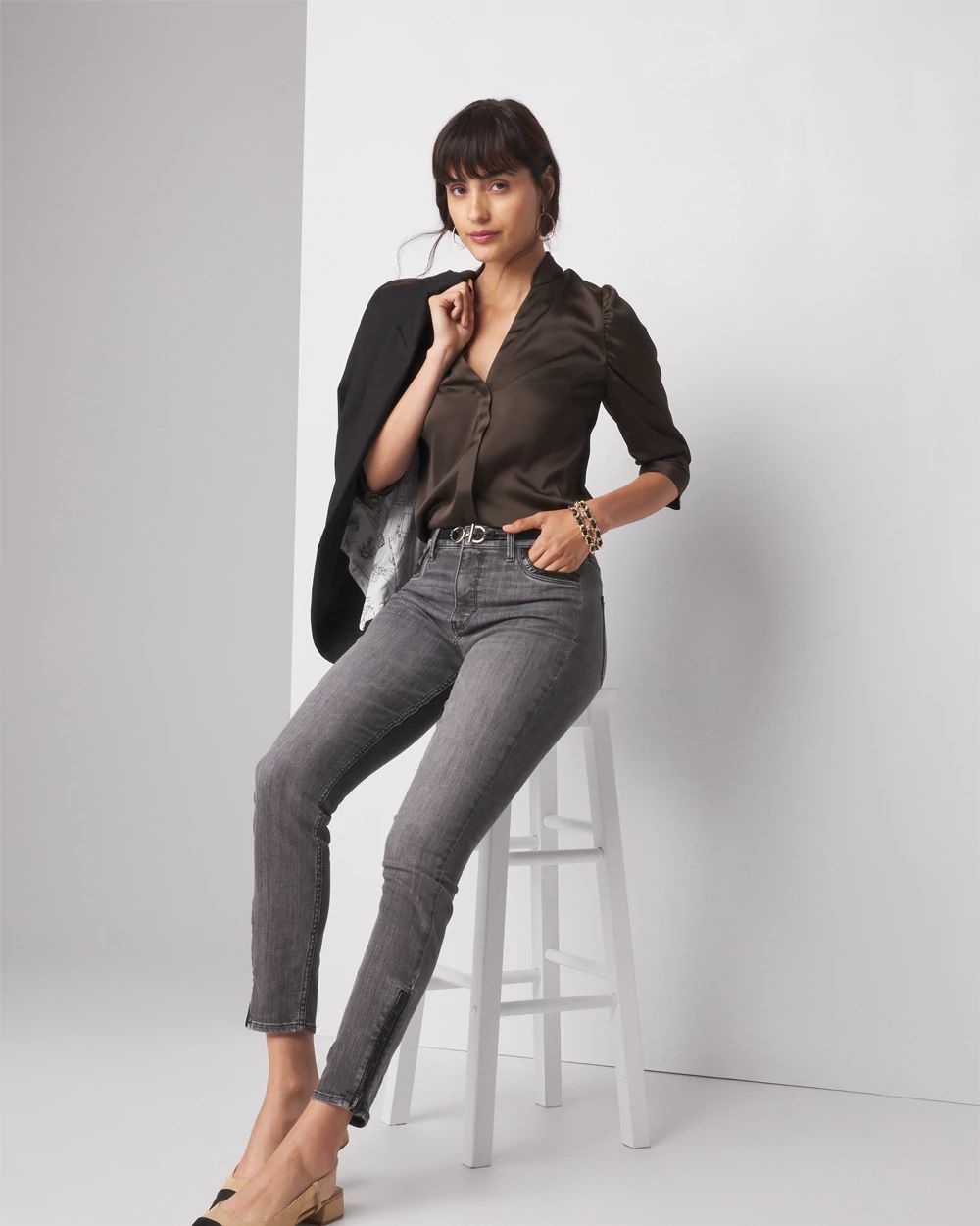 Petite Ruched Sleeve Y-Neck Shirt