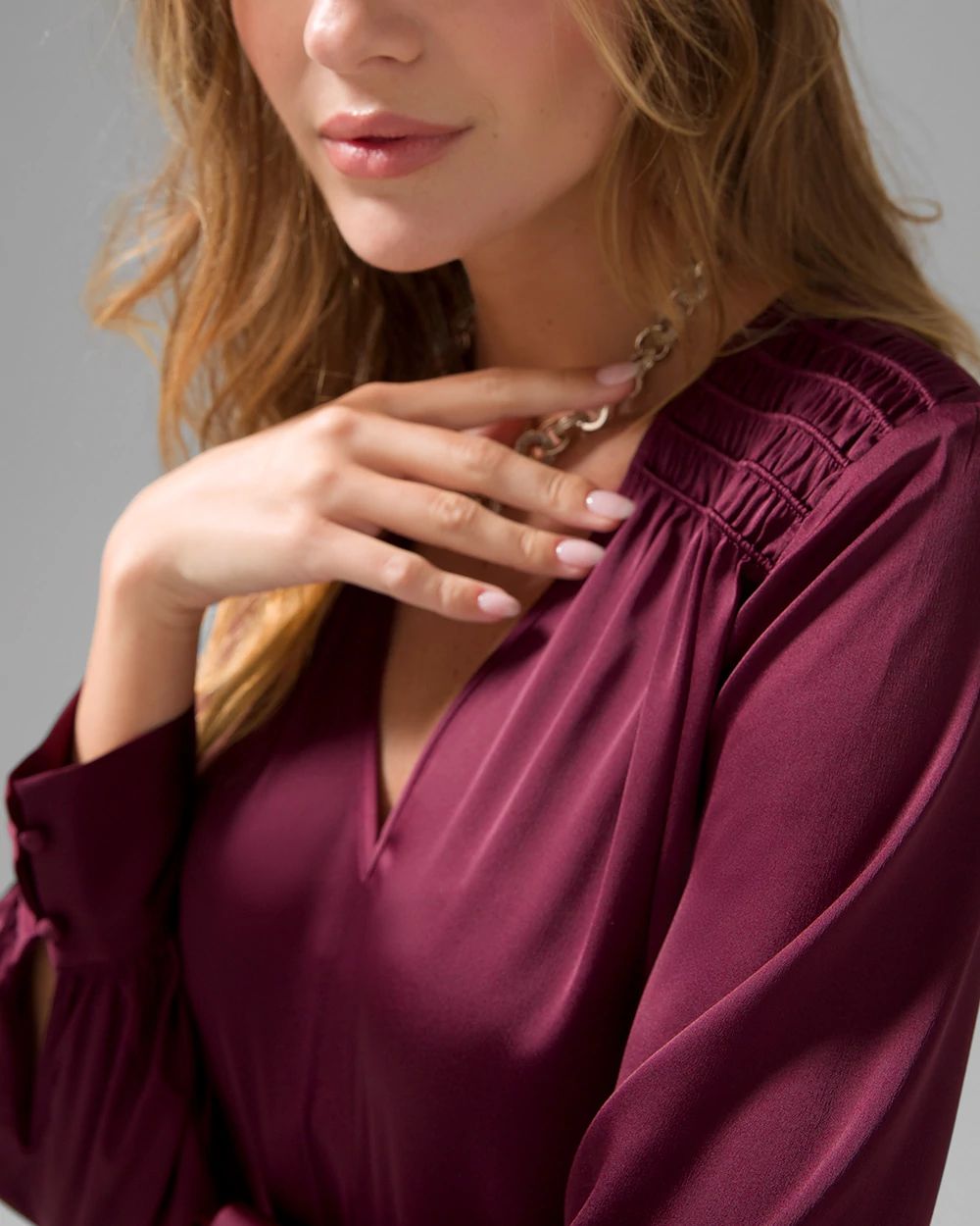 Smocked Shoulder Satin Blouse