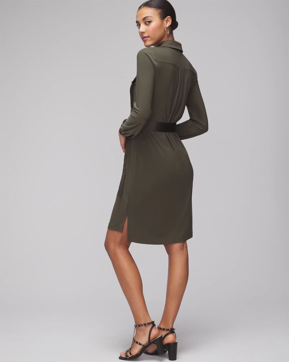 Long Sleeve Matte Jersey Shirtdress With Satin