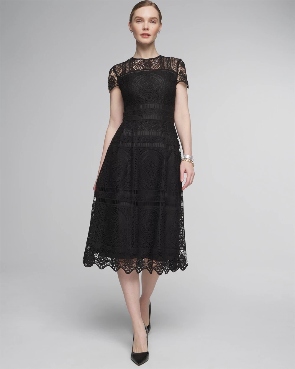 Embroidered Lace Fit-and-Flare Dress | White House Black Market