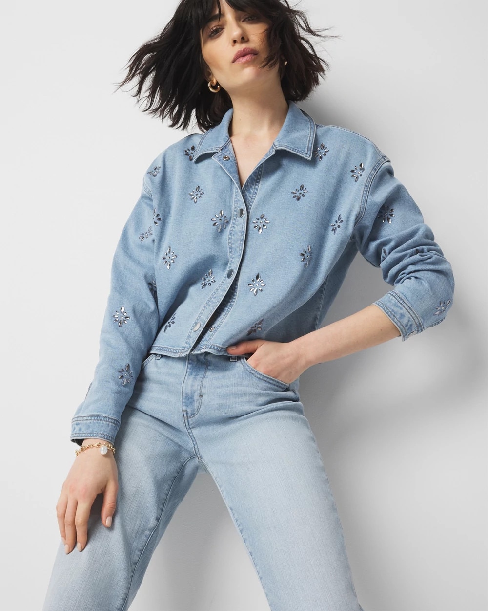 Petite Embellished Denim Shacket