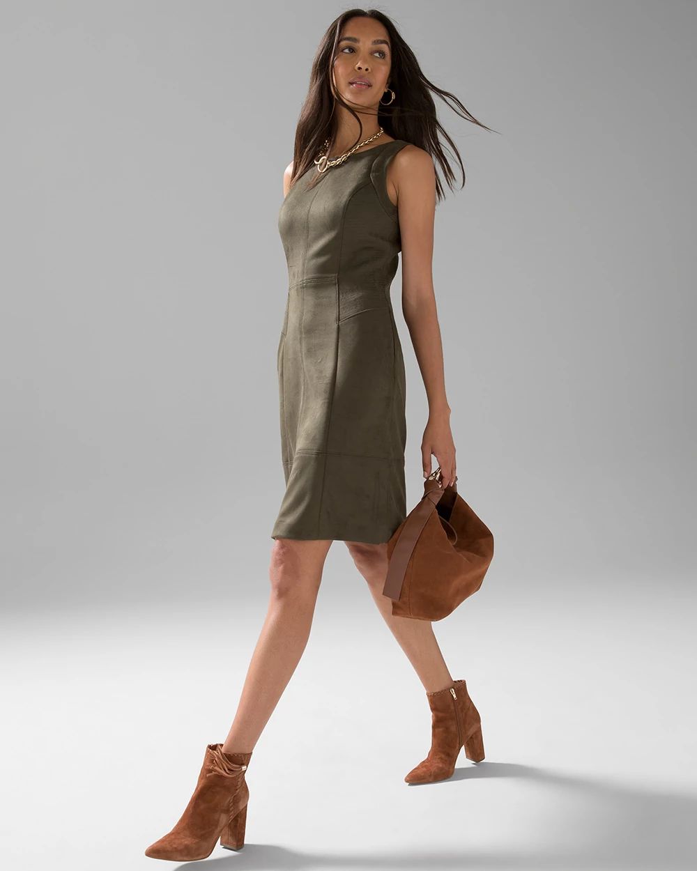 Sleeveless Vegan Suede Fit & Flare Dress click to view larger image.