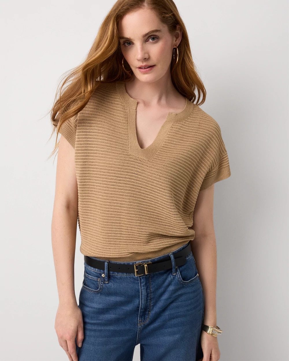 Metallic Stitch Short Sleeve Pullover - image 1