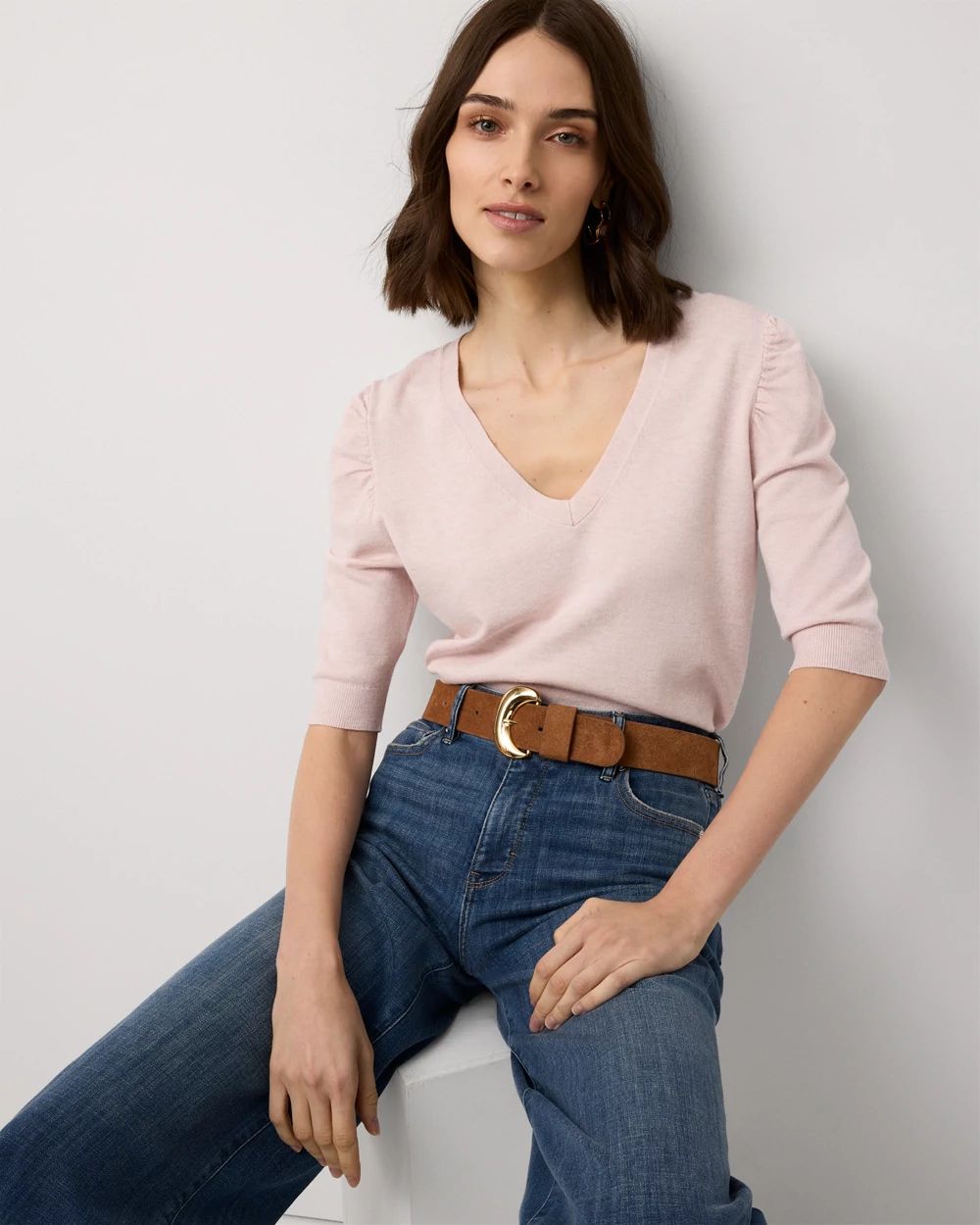 Ruched Sleeve V-neck Pullover