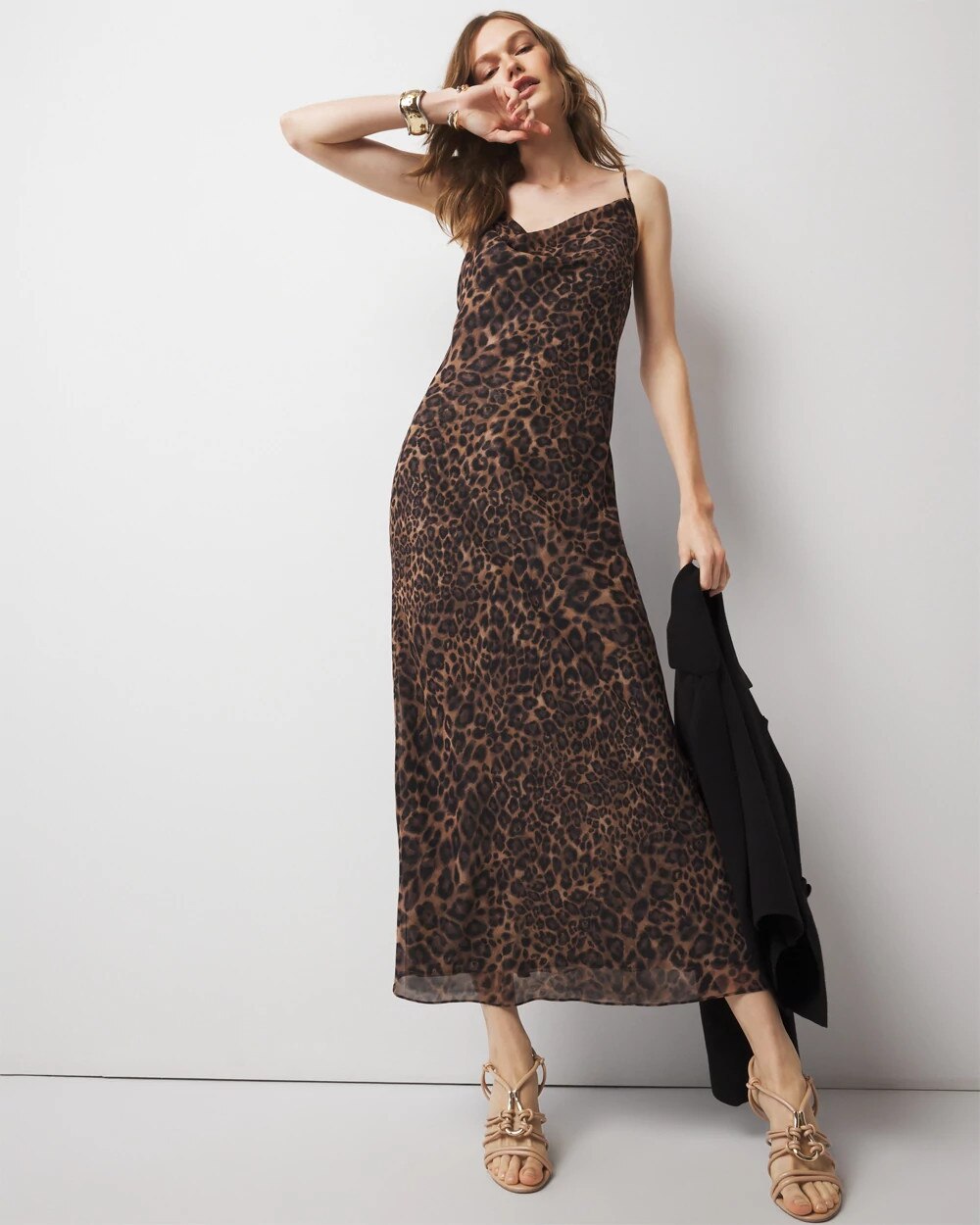 knee length dresses for ladies Tan | Leopard Print High Neck Wrap Frill Hem Midi Dress main image 1
