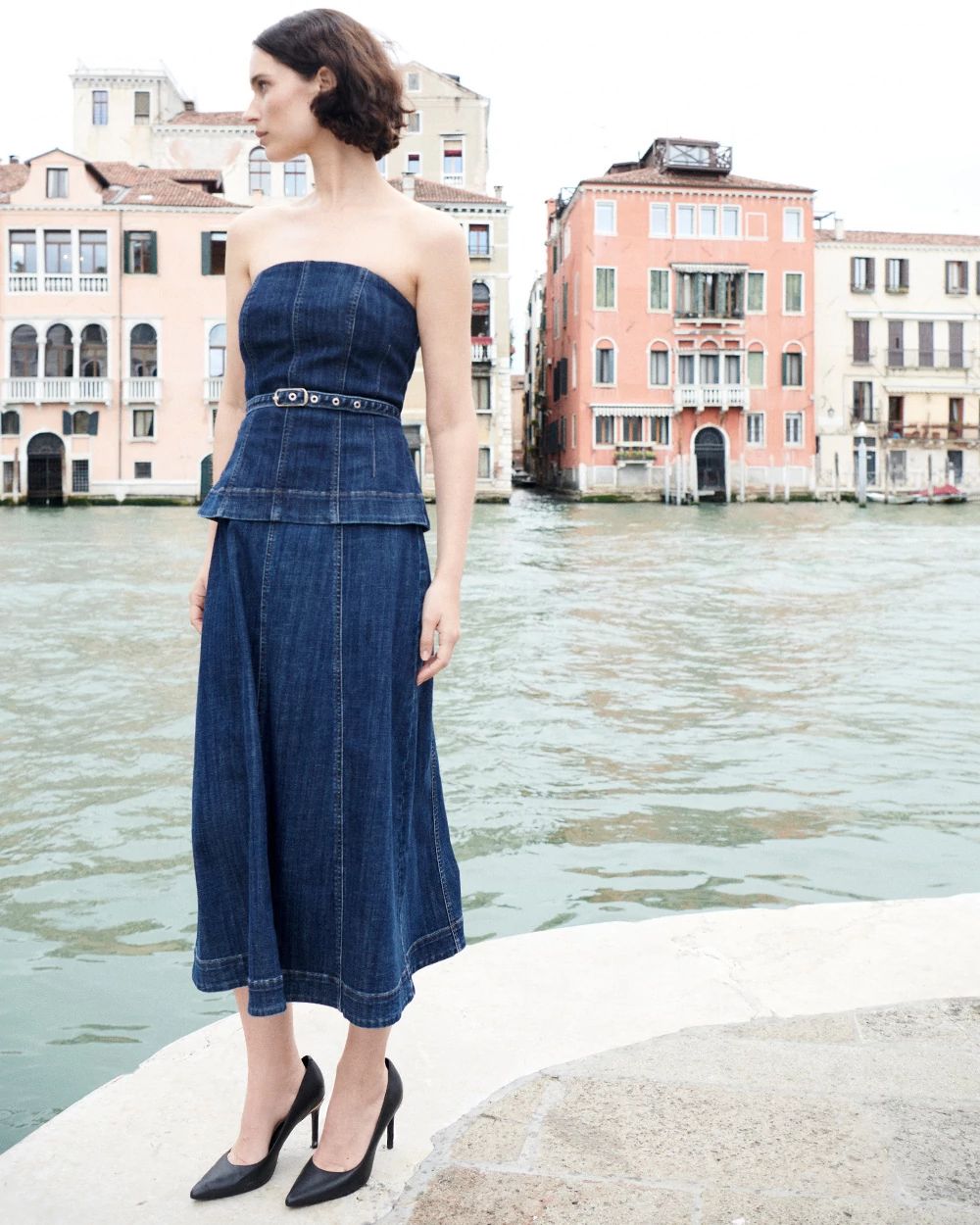 Strapless Denim Midi Dress