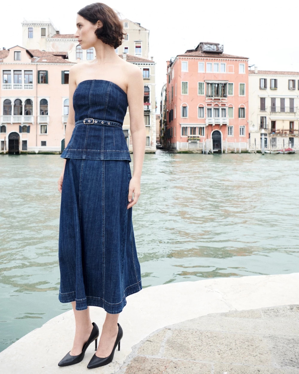 Strapless Denim Midi Dress
