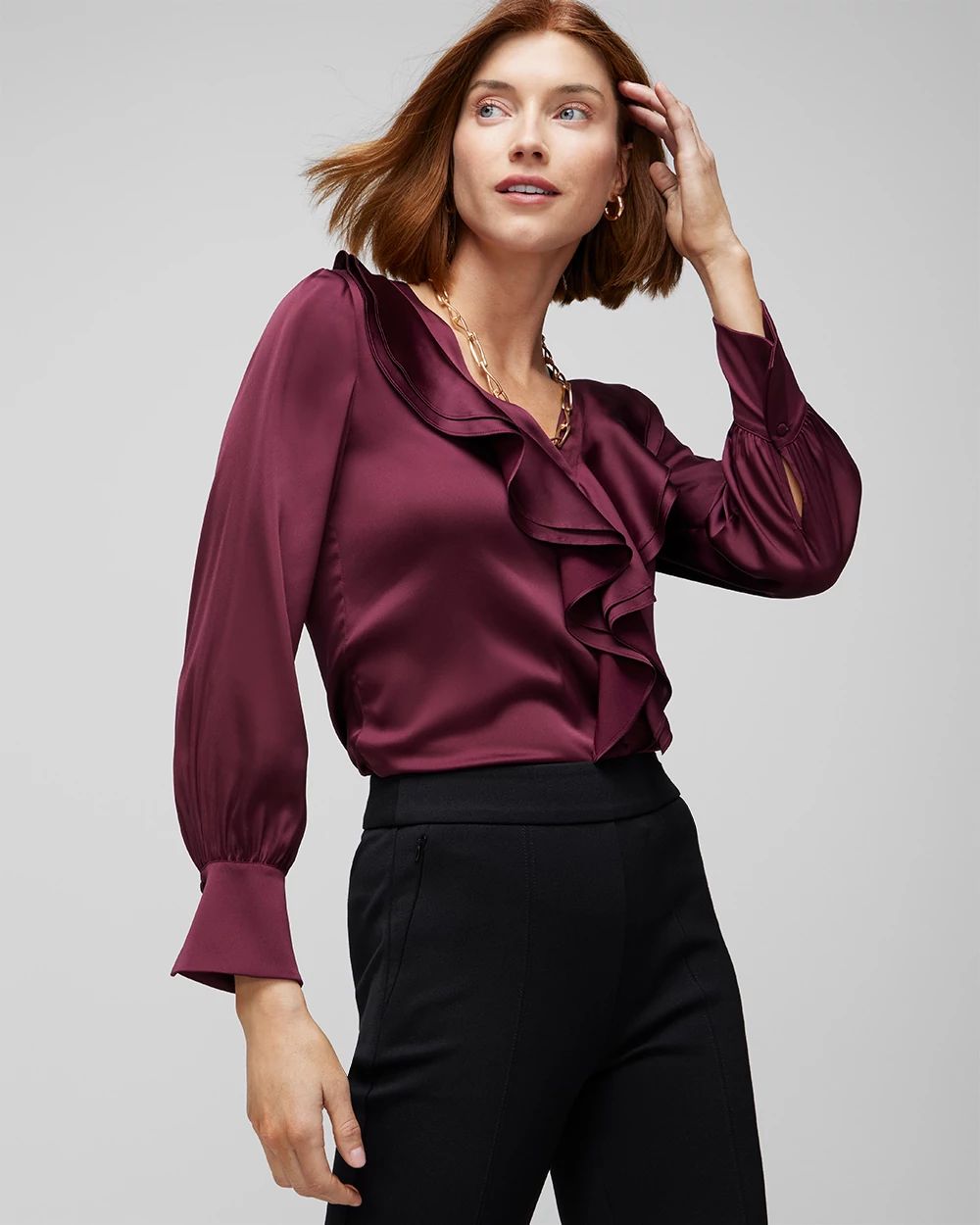 Ruffle front blouse deals long sleeve