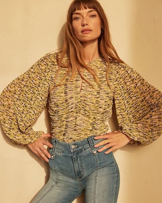 Long Sleeve Pleated Keyhole Blouse click to view larger image.