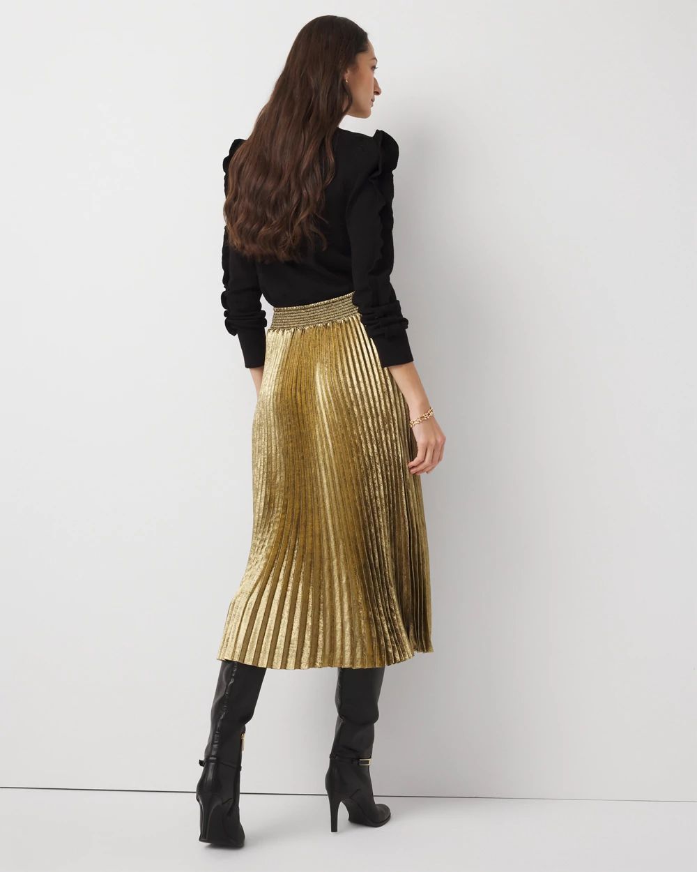 Pleated Chiffon Metallic Midi Skirt