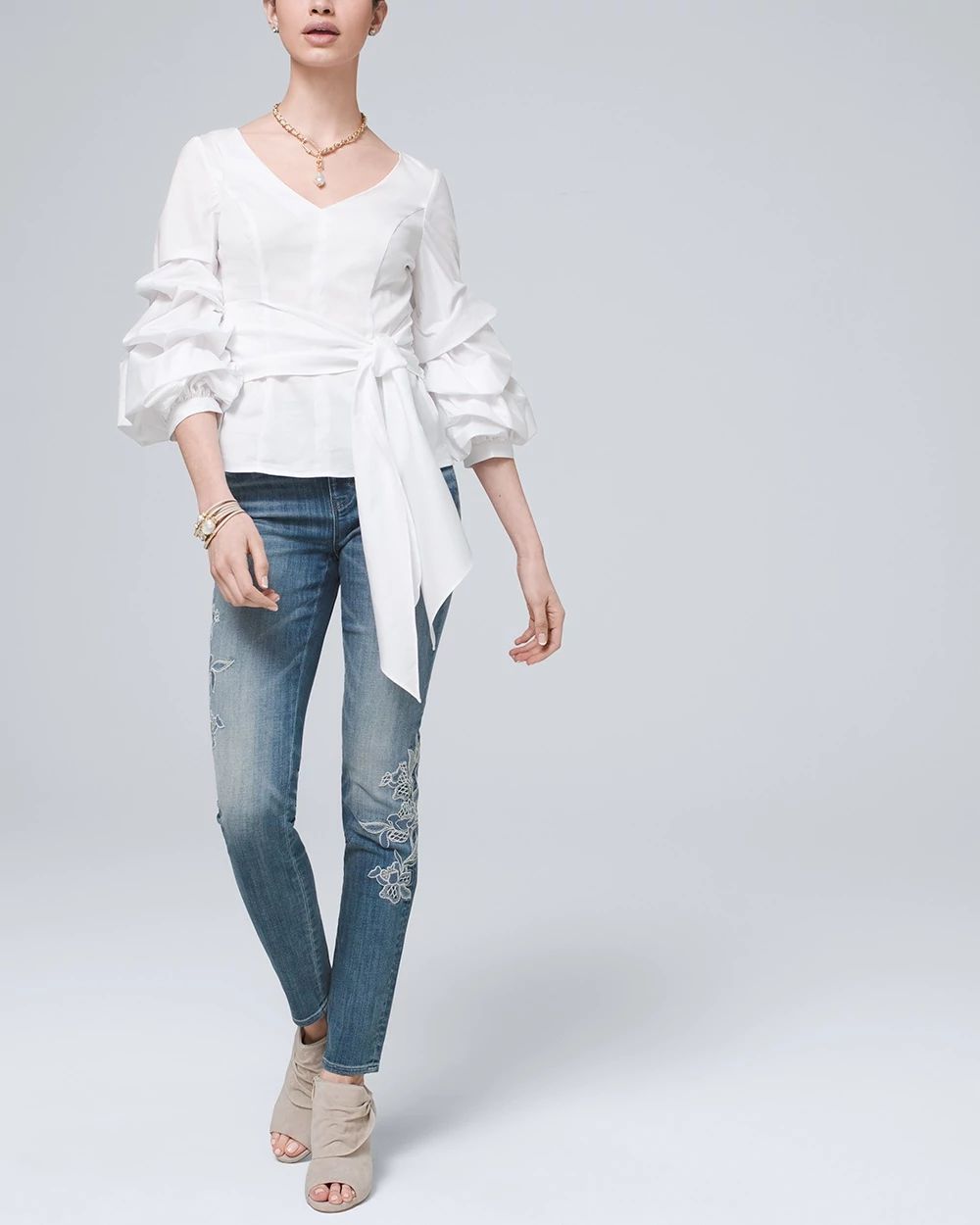 High-Rise Eveyday Soft Denim Embroidered Skinny Jeans click to view larger image.