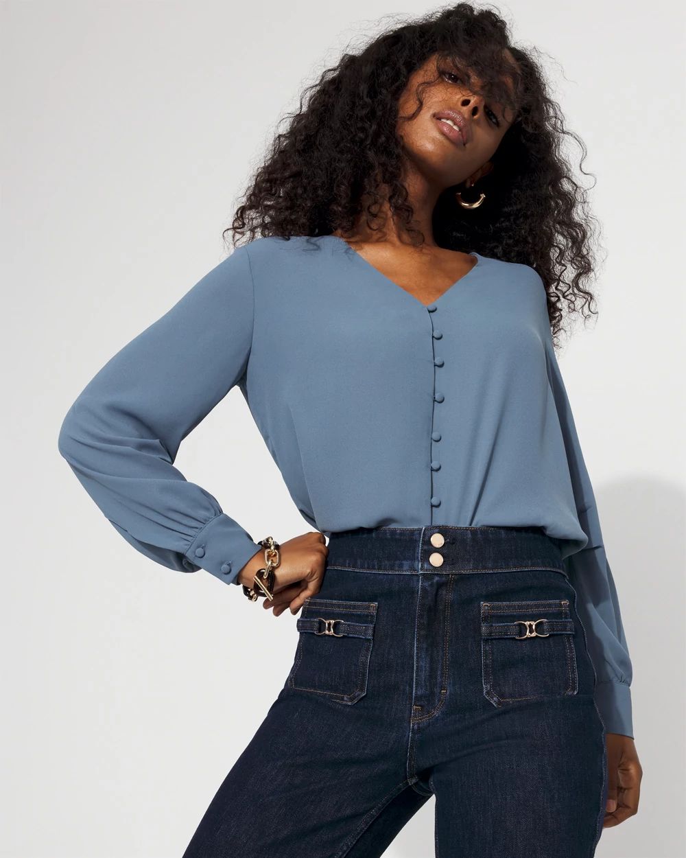 Long-Sleeve Button-Up Blouse click to view larger image.