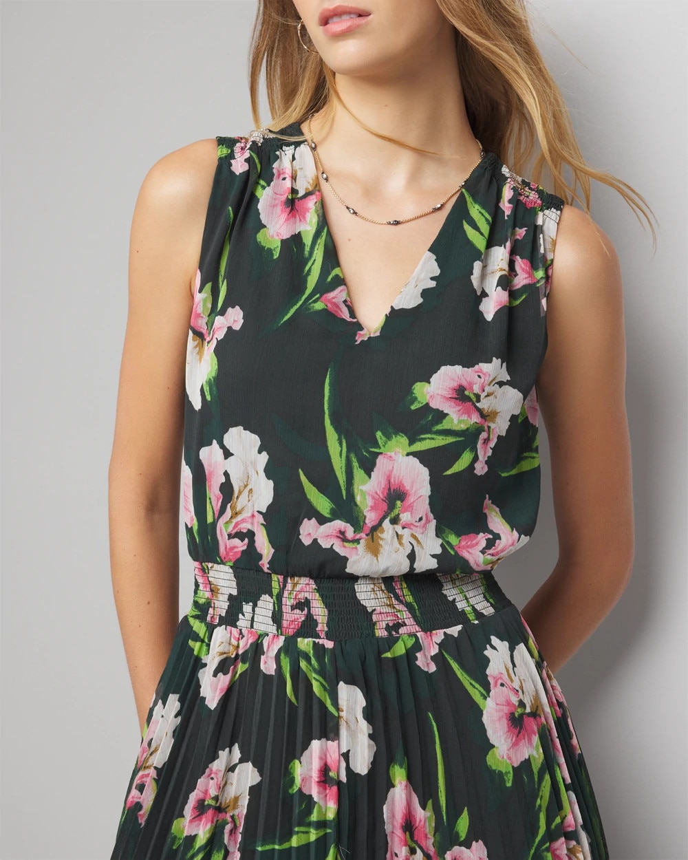 Sleeveless V-Neck Smocked Pleated Midi Dress