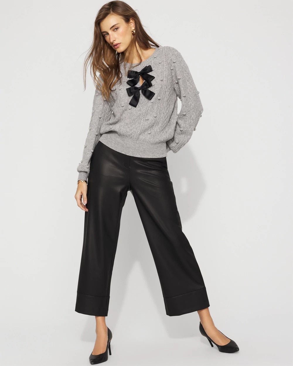 Satin Bow Cable Knit Sweater