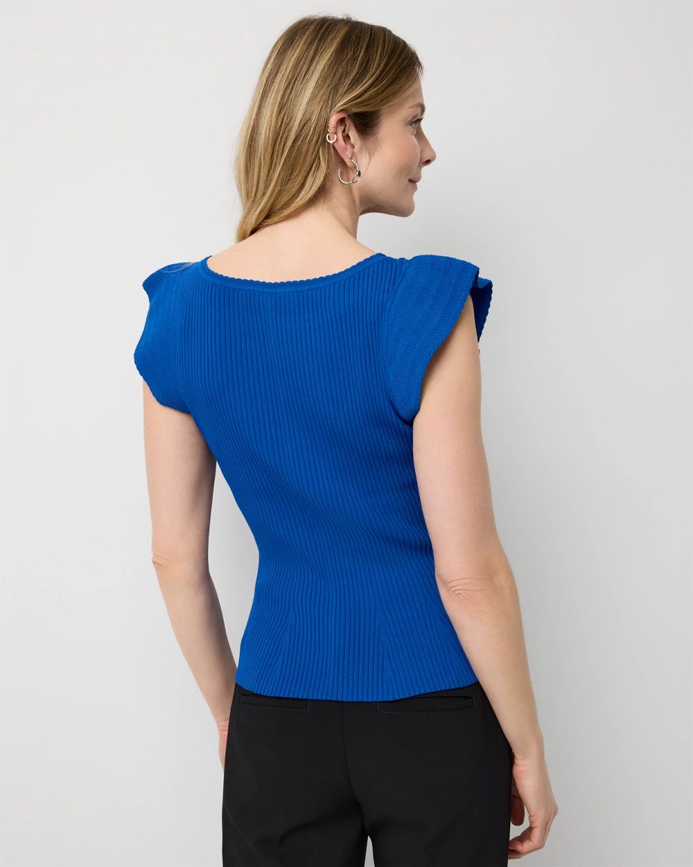 Flutter Sleeve Ribbed Pullover Sweater click to view larger image.