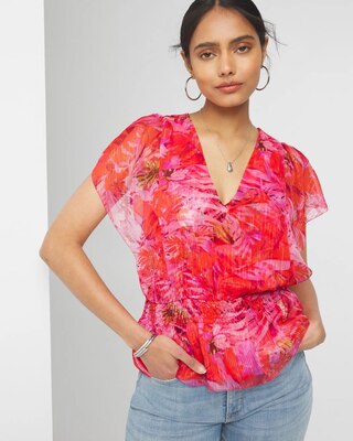 Short Sleeve Flutter Sleeve V-Neck Blouse