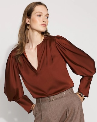 Petite Pleated Sleeve Satin Blouse