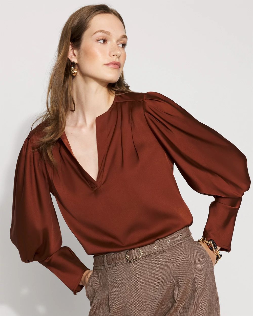 Petite Pleated Sleeve Satin Blouse