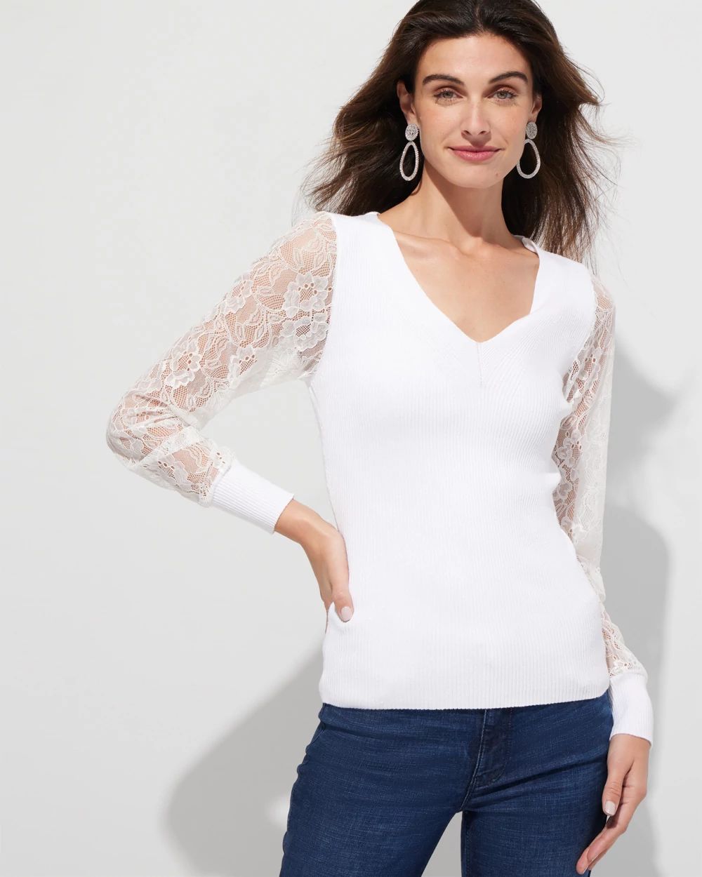 Outlet WHBM V-Neck Lace Sleeve Pullover