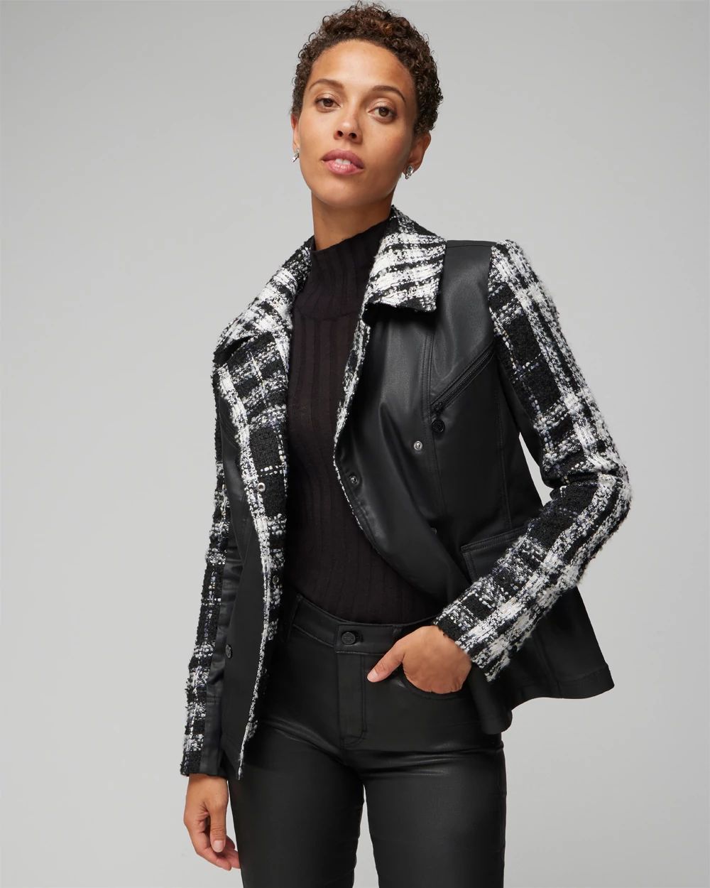 Petite Tweed Pieced Coated Moto Jacket