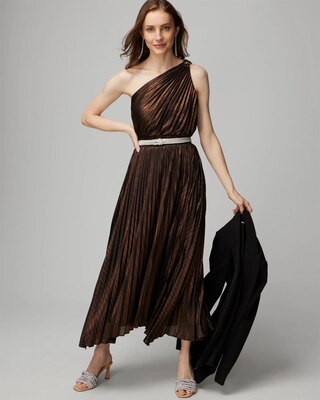 One-Shoulder Bronze Pleated Maxi Dress