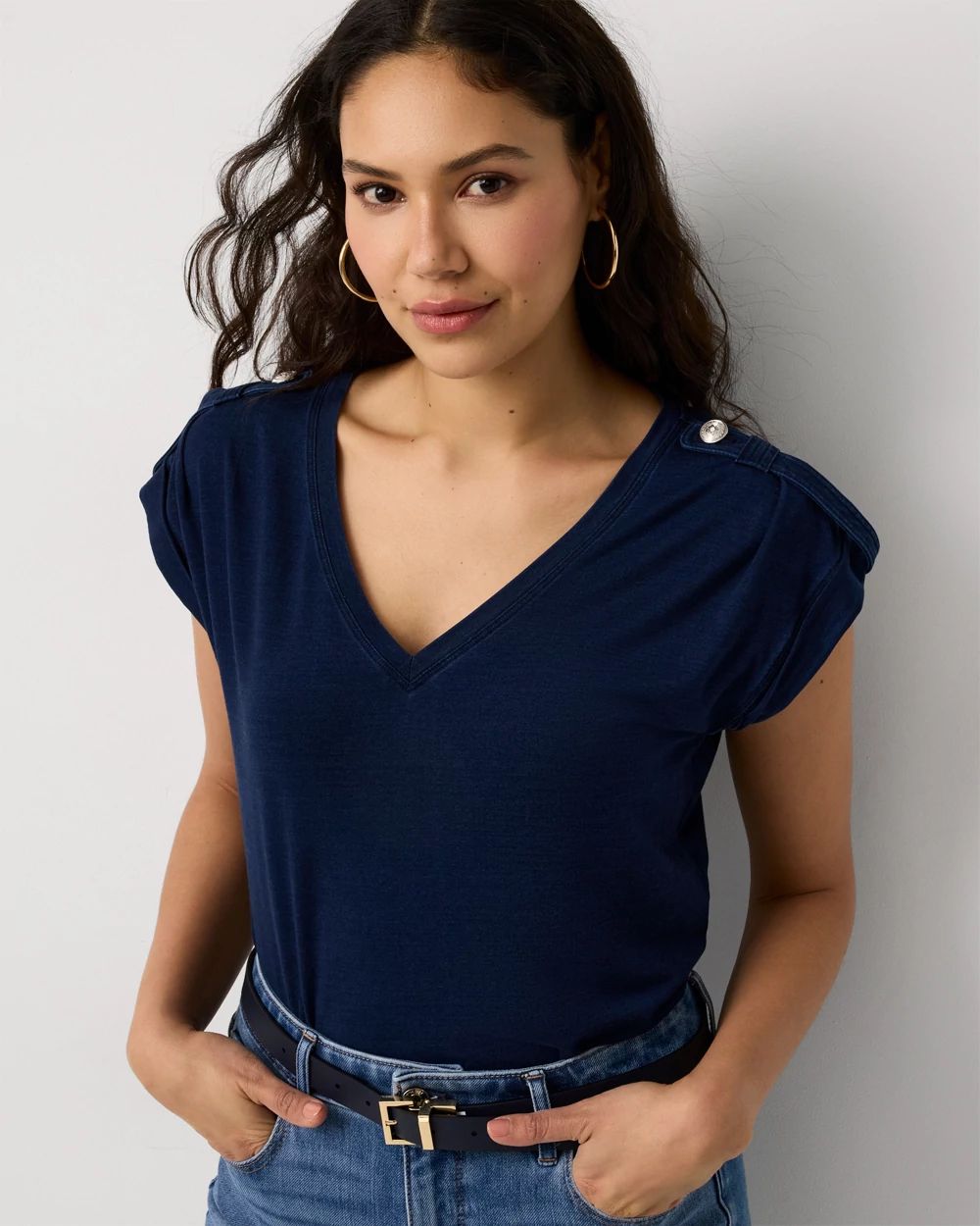 Epaulet Knit V-neck Tee