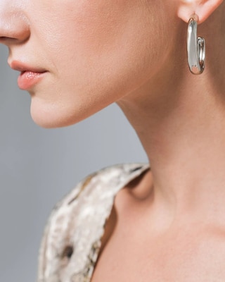 Silvertone Hammered Oval Hoop Earrings
