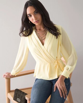 Long-Sleeve Pleat-Back Surplice Blouse