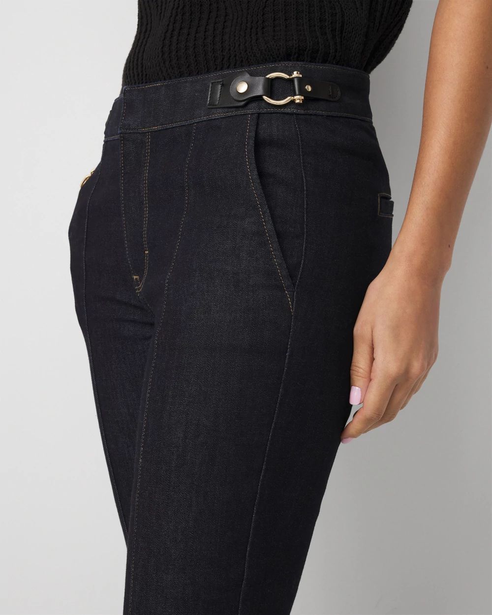 Petite Faux Leather Detail Bootcut Jean click to view larger image.