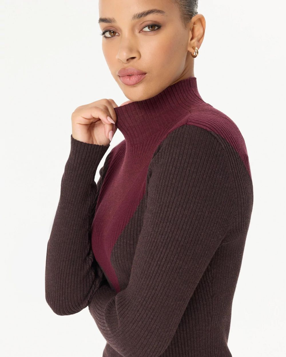 Colorblock Ribbed Mock Neck Sweater click to view larger image.