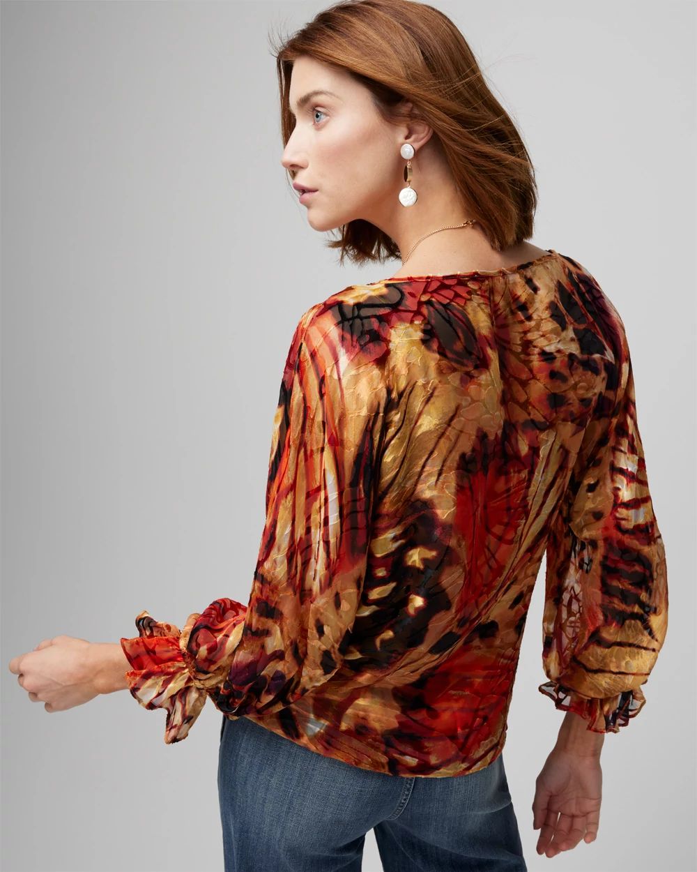 Long-Sleeve Silk Boat Neck Burnout Blouse click to view larger image.