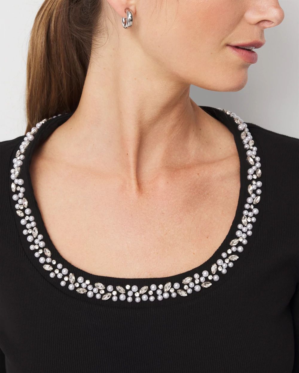 Faux Pearl Scoop Neck Rib-Knit Tee