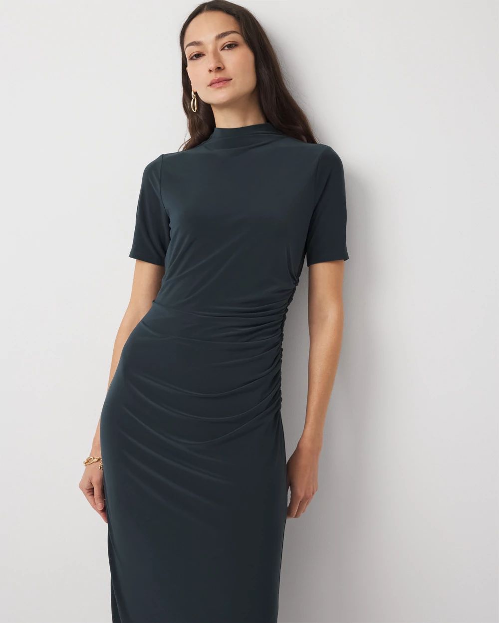 Ruched Mockneck Midi Dress click to view larger image.