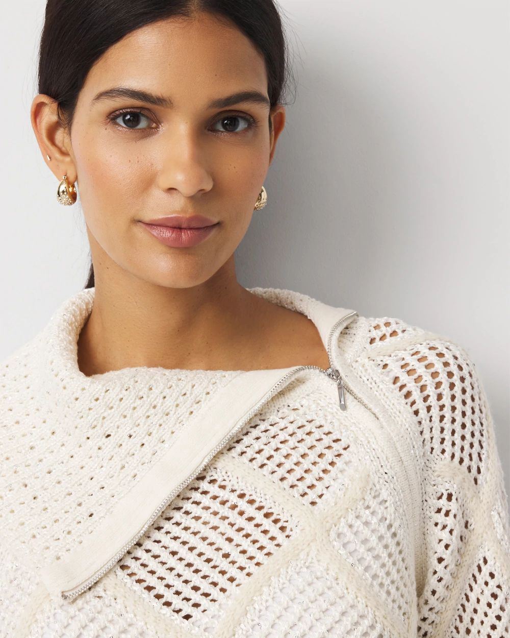 Zip Neck Sequin Knit Sweater click to view larger image.