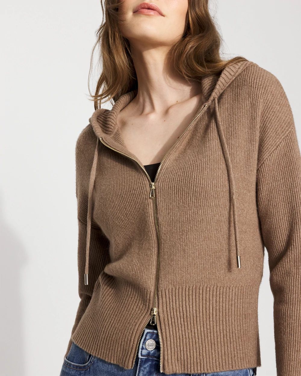 Petite Rib Knit Zip Hoodie click to view larger image.