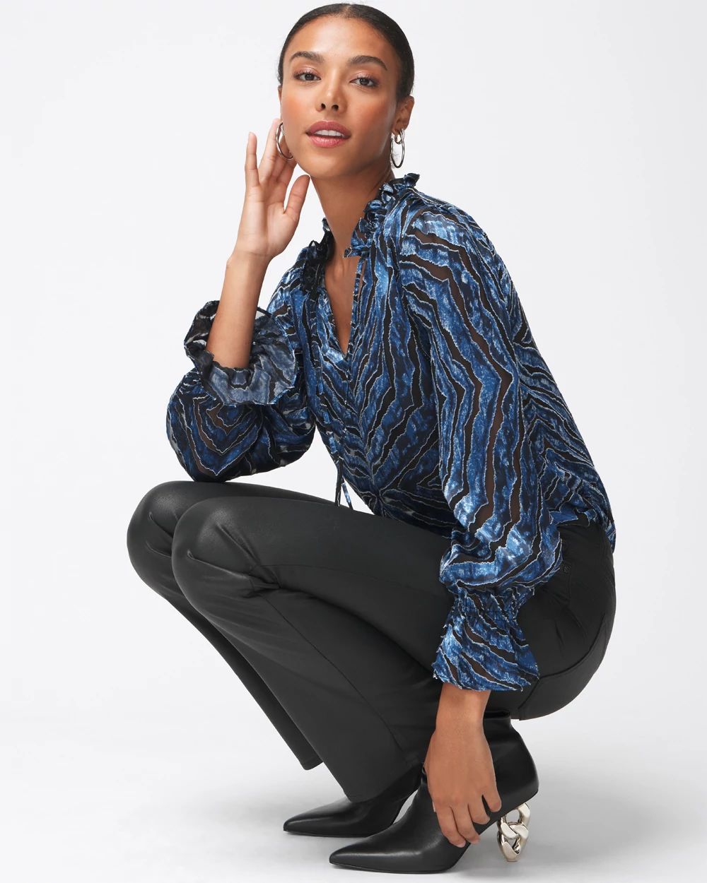 Long Sleeve Silk Burnout Tie Blouse click to view larger image.