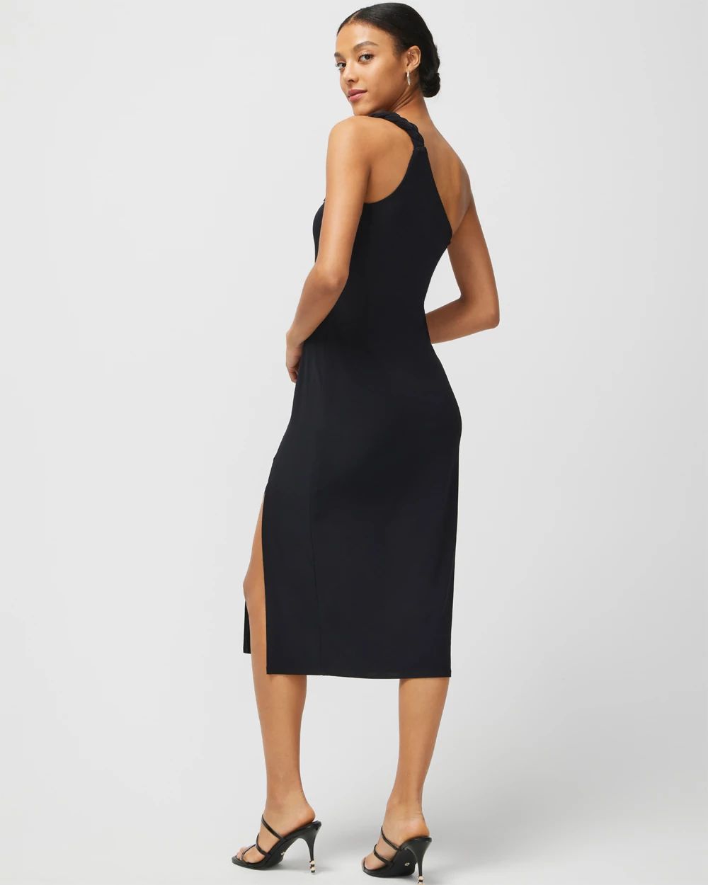 One-Shoulder Embroidered Matte Jersey Midi Dress click to view larger image.