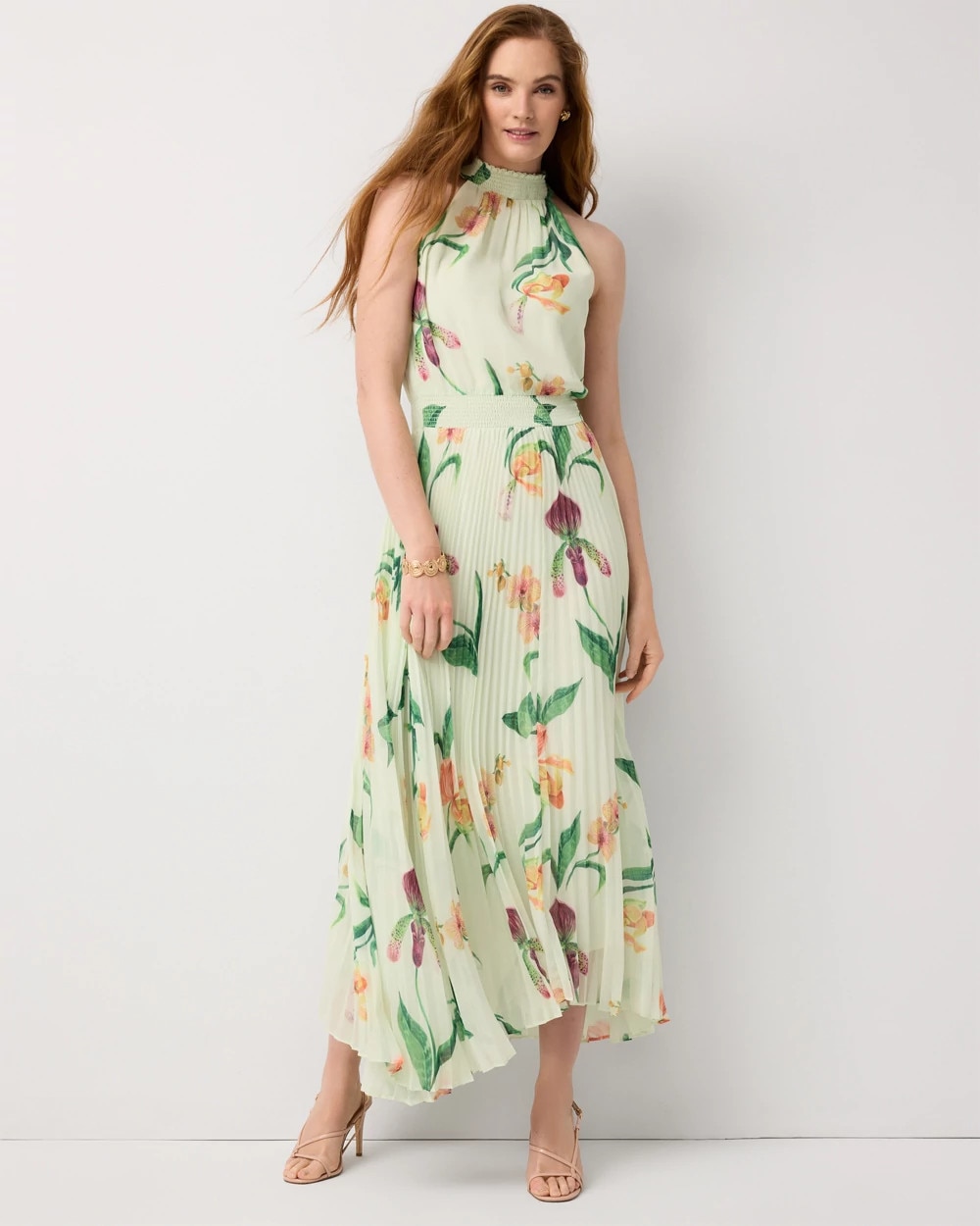 Sleeveless Pleated Halter Midi Dress