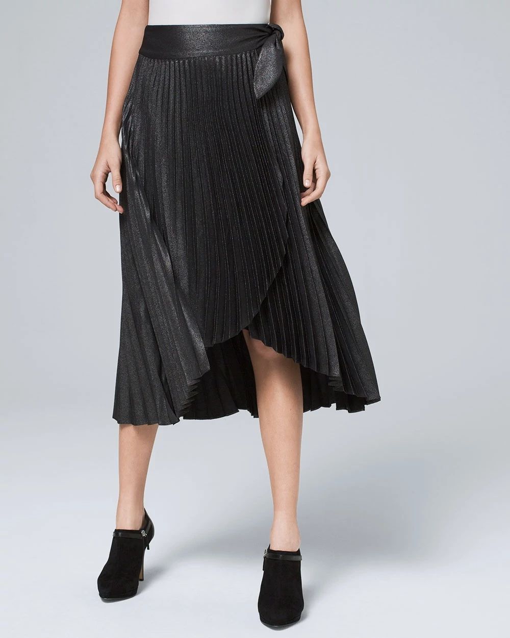 Metallic Pleated Wrap Midi Skirt