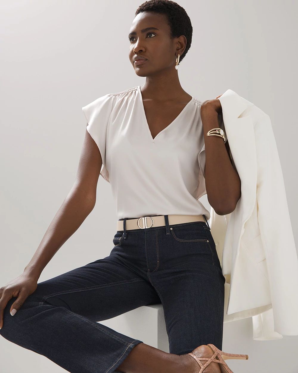 Flutter-Sleeve V-Neck Top click to view larger image.