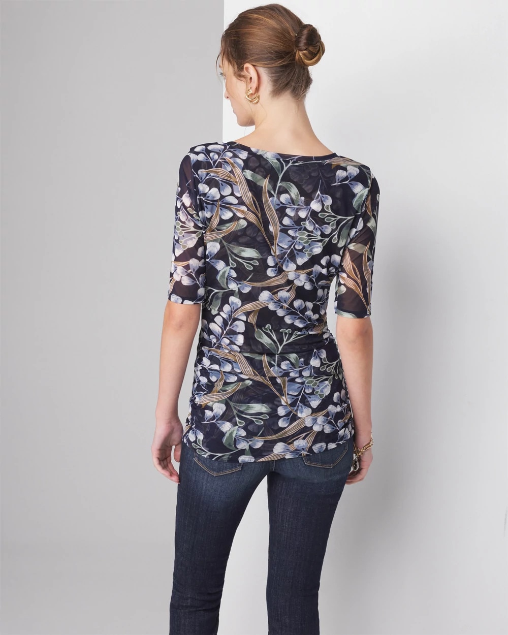 Elbow Sleeve Printed Mesh Ruched Tee